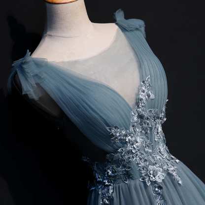 Beautiful Blue Tulle Long Party Dress, A-Line Prom Dress With Lace Applique gh271
