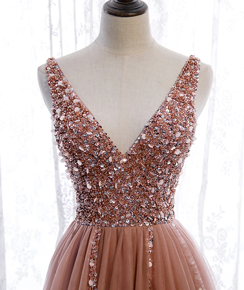 Pink Long Sparkle Beaded Tulle Slit Prom Dress,Pink V-Neckline Evening Gown gh161
