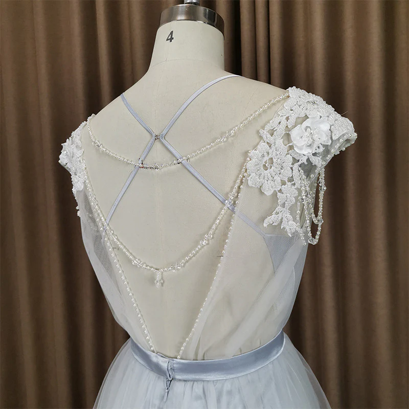 Beautiful Light Grey Tulle Long Party Dress, Light Grey Evening Gown gh183