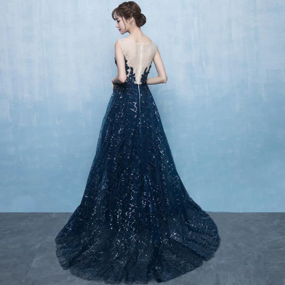 Beautiful Blue Tulle With Lace Round Neckline Prom Dress, Blue Prom Dress gh252