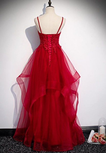 Red Lace Tulle Layered Straps Fashionable Long Party Dress, Long Prom Gown gh277