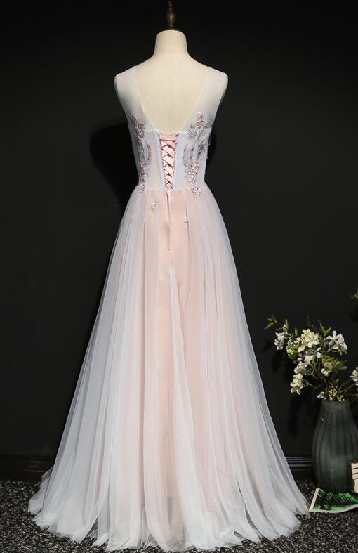 Light Pink Floral Tulle A-Line Prom Dress  Long Party Dress  gh401