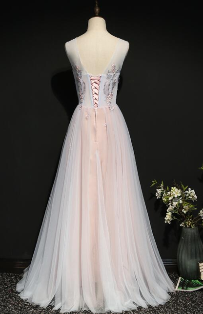 Light Pink Floral Tulle A-Line Prom Dress  Long Party Dress  gh401