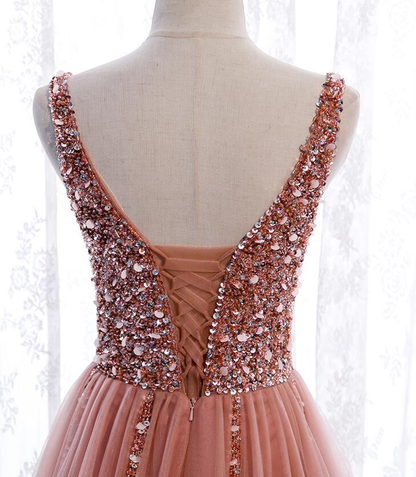 Pink Long Sparkle Beaded Tulle Slit Prom Dress,Pink V-Neckline Evening Gown gh161