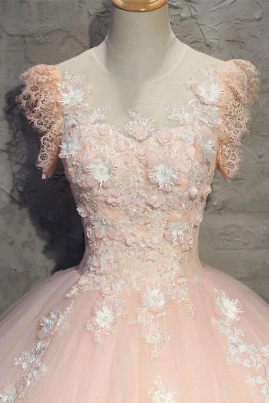 Light Peach Tulle Long Prom Dress With Flowers, Princess Ball Gown Sheer Neck Party Dress gh990