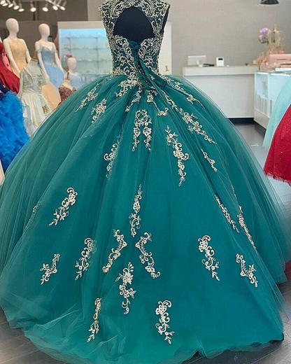 Green Sweetheart Quinceanera Dresses Beaded Appliques Tulle Sweet 16 Ball Gown gh949