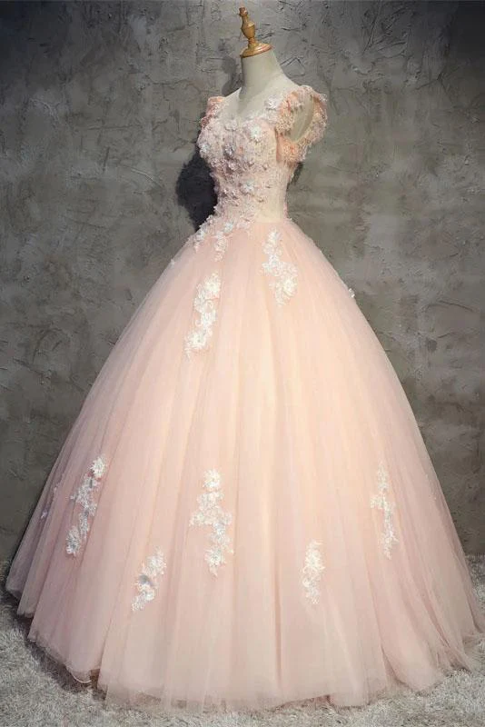Light Peach Tulle Long Prom Dress With Flowers, Princess Ball Gown Sheer Neck Party Dress gh990
