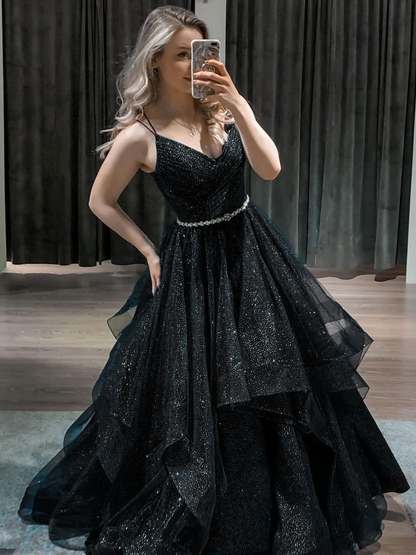 Blue v neck tulle sequin long prom dress blue formal dress gh913