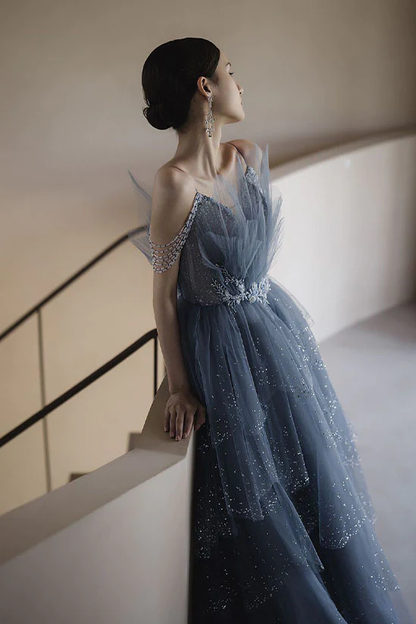 Blue gorgeous sparkling exquisite beaded long tulle ball gown evening dress with rhinestones multi-layered dress gh1001