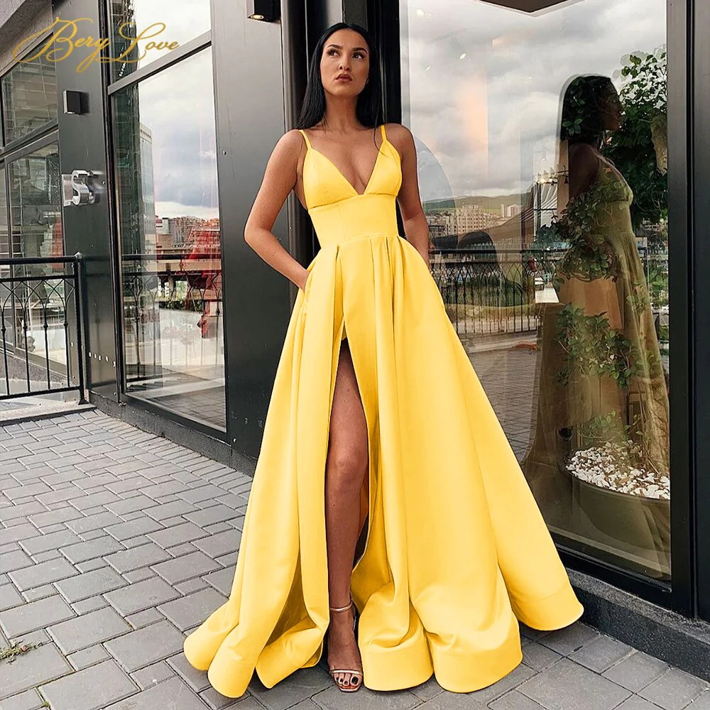 Llyge Sexy V Neck Satin Evening Dresses Spaghetti Strap Side Slit Prom Dress High Waist Evening Gowns Party Dress  gh1012