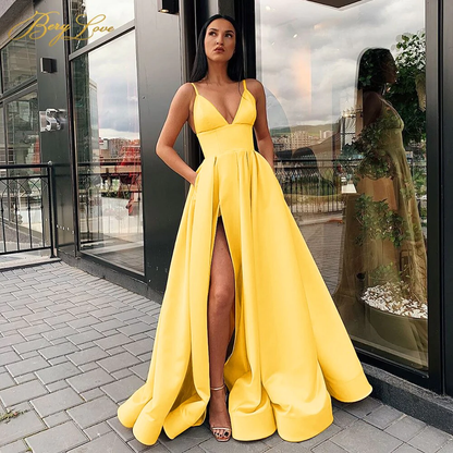 Llyge Sexy V Neck Satin Evening Dresses Spaghetti Strap Side Slit Prom Dress High Waist Evening Gowns Party Dress  gh1012