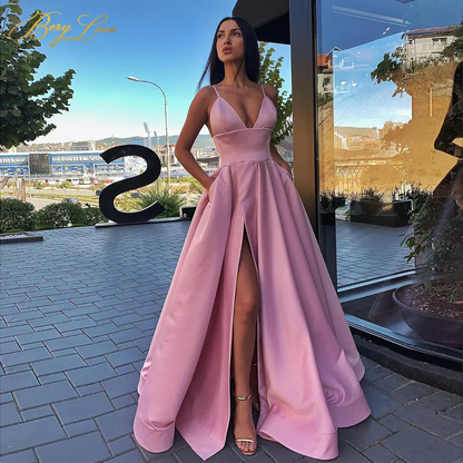 Llyge Sexy V Neck Satin Evening Dresses Spaghetti Strap Side Slit Prom Dress High Waist Evening Gowns Party Dress  gh1012