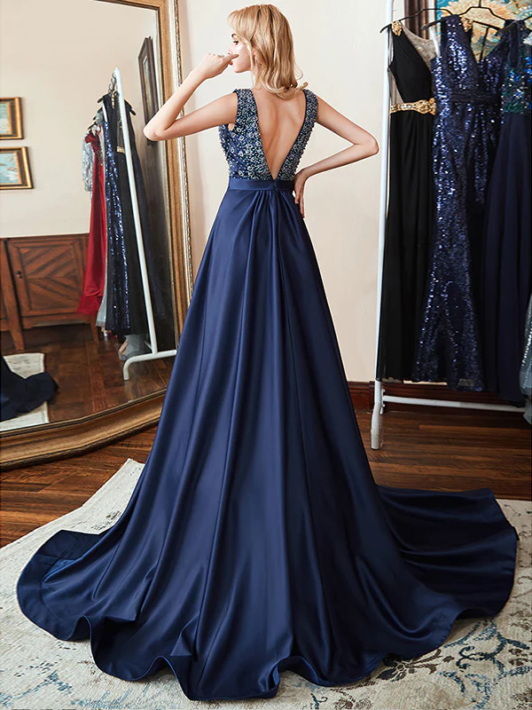 Double V-Neck Navy Blue Beads Crystal A Line Formal Prom Dresses  gh1056