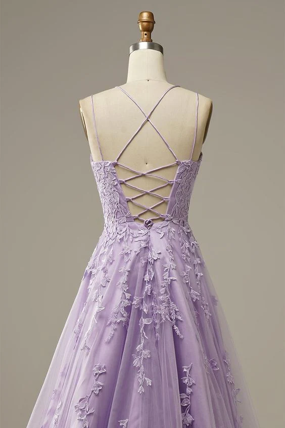 Custom Made Lace Lilac Prom Dresses Long Evening Dress Spaghetti Straps Formal Gown with Train  gh1151
