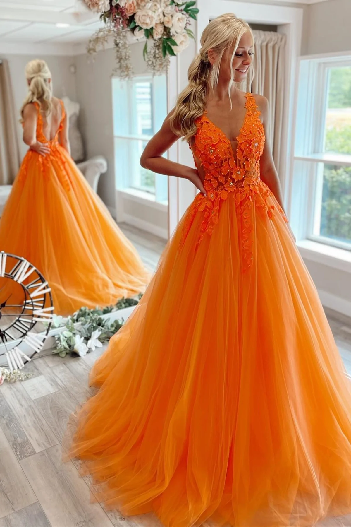 Elegant V Neck Beaded Orange Tulle Long Prom Dresses with Lace Appliques, Orange Lace Formal Graduation Evening Dresses gh1098