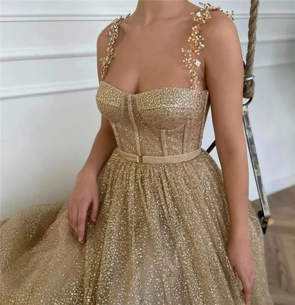 Gold sequin tulle corset fairy starlight gown long ball gown evening dress gh1047