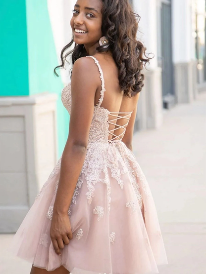 Pink A-line V-neck short lace prom dress formal homecoming dress party dress gh1616