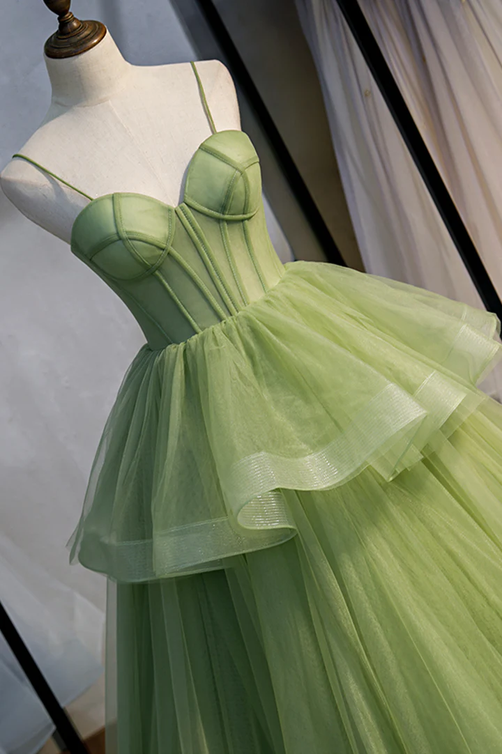 Green tulle long prom dress A line evening dress gh1138