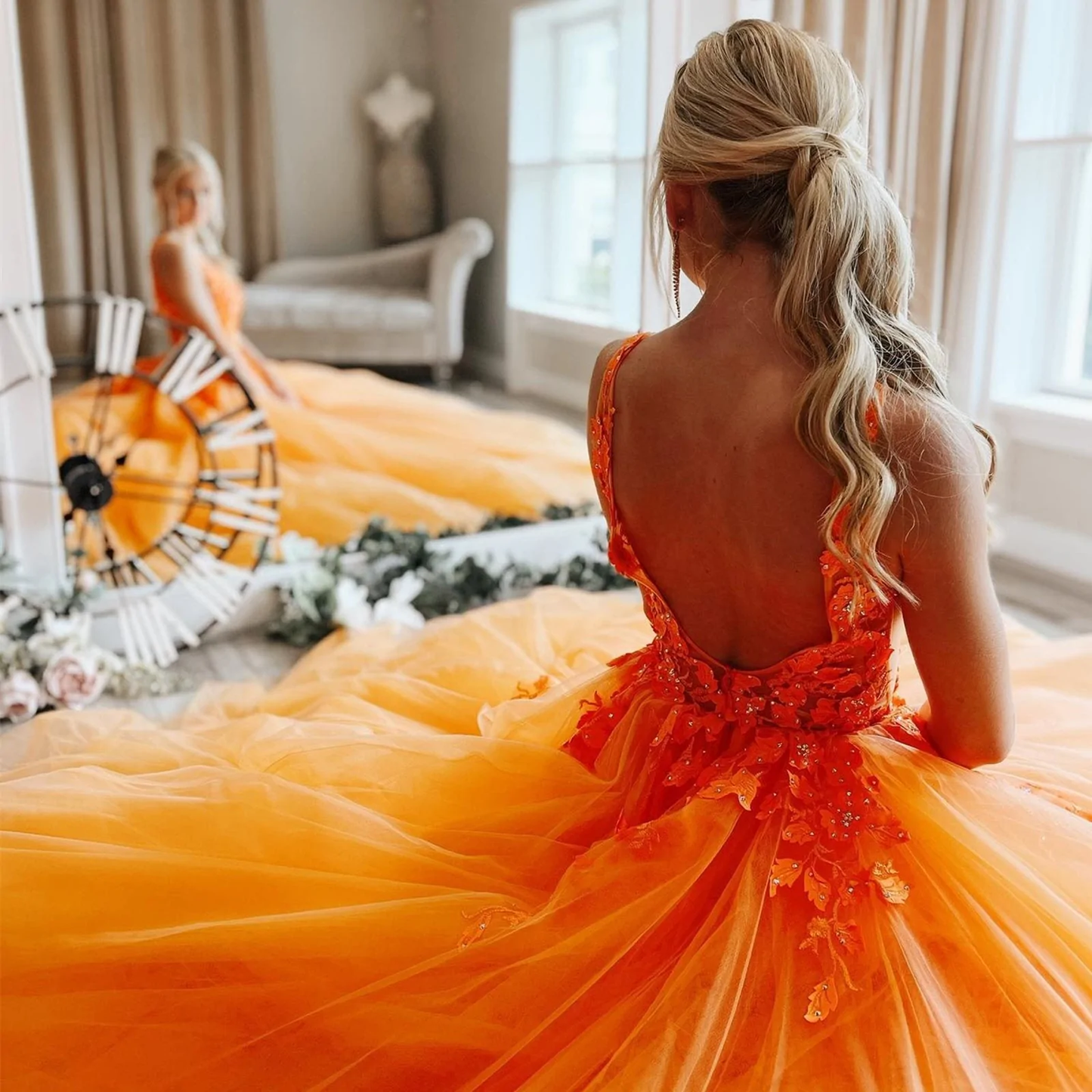 Elegant V Neck Beaded Orange Tulle Long Prom Dresses with Lace Appliques, Orange Lace Formal Graduation Evening Dresses gh1098