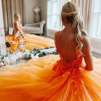 Elegant V Neck Beaded Orange Tulle Long Prom Dresses with Lace Appliques, Orange Lace Formal Graduation Evening Dresses gh1098