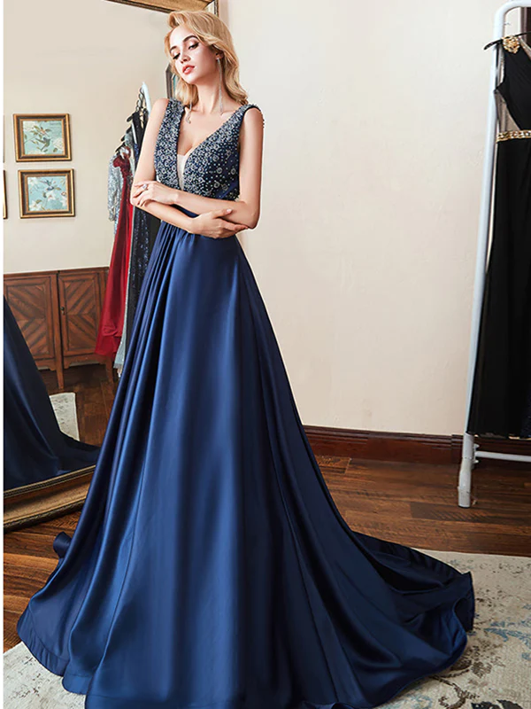 Double V-Neck Navy Blue Beads Crystal A Line Formal Prom Dresses  gh1056