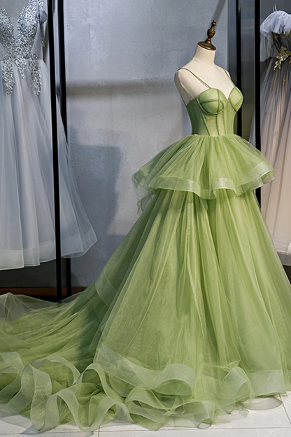 Green tulle long prom dress A line evening dress gh1138