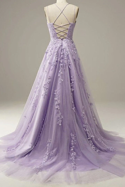 Custom Made Lace Lilac Prom Dresses Long Evening Dress Spaghetti Straps Formal Gown with Train  gh1151