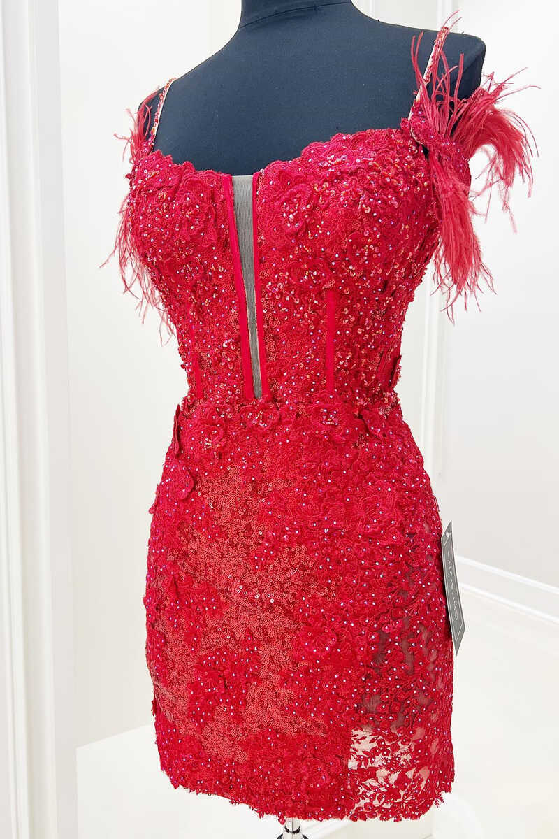 Blue/purple/black/red/white shiny elegant delicate floral beaded lace off-shoulder feather short mini homecoming dress evening gown party dress gh1349