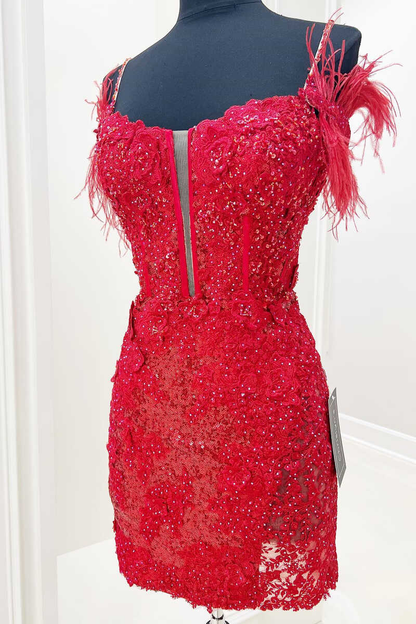 Blue/purple/black/red/white shiny elegant delicate floral beaded lace off-shoulder feather short mini homecoming dress evening gown party dress gh1349