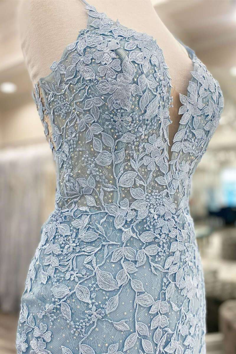 Light Blue Appliques Plunge V Backless Short Homecoming Dress gh1244