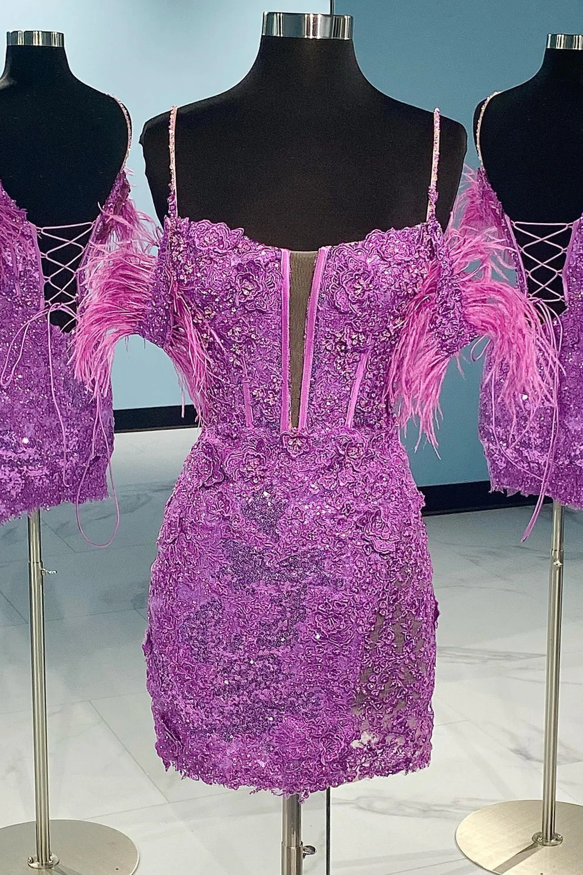 Blue/purple/black/red/white shiny elegant delicate floral beaded lace off-shoulder feather short mini homecoming dress evening gown party dress gh1349