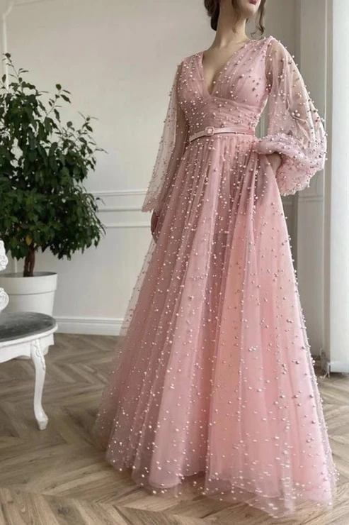 Pink tulle long A line prom dress pink evening dress  gh1843