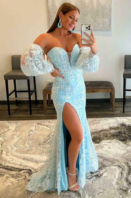 Light Blue Lace Strapless Puff Sleeve Long Prom Dress gh1806