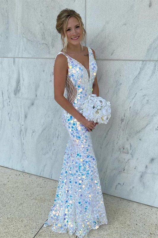 White colorful shiny elegant exquisite sequins sexy v neck long side beading mermaid slim fit floor length train prom dress evening gown party dress gh1855