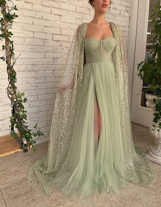 Sage Green Prom dress A line Floor-length Aurora Cape Tulle Prom Dress  gh1828