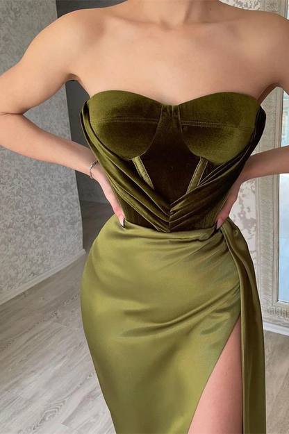 Elegant Green Strapless Sleeveless Mermaid Satin Prom Dresses with Slit gh1858