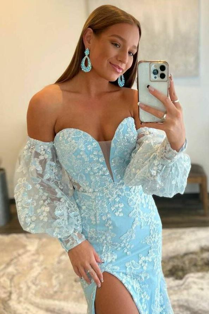 Light Blue Lace Strapless Puff Sleeve Long Prom Dress gh1806