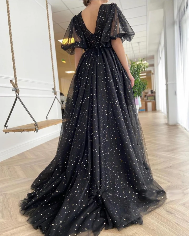 Starry Black Tulle Prom Dress, Starry Tulle Mesh Dress, Plus Size Prom Dress, Graduation Party Dress, Formal Ball Gown, Bridesmade Dress gh1824
