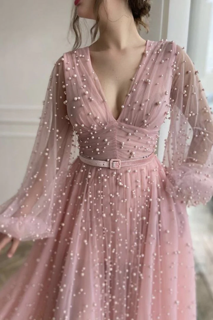 Pink tulle long A line prom dress pink evening dress  gh1843