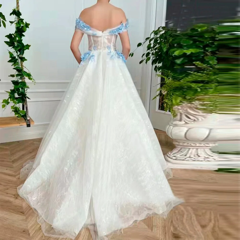 Elegant A Line Off The Shoulder Long Prom Dresses With Blue 3D Flower, Floor Length Evening Dresses gh1817