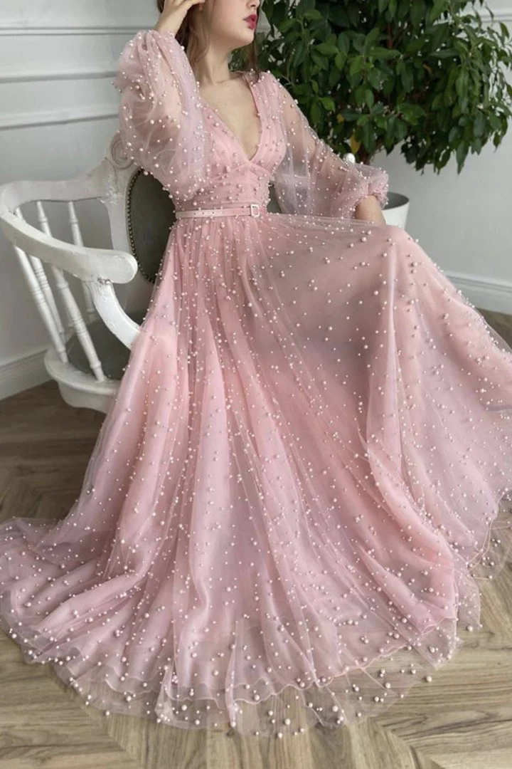 Pink tulle long A line prom dress pink evening dress  gh1843