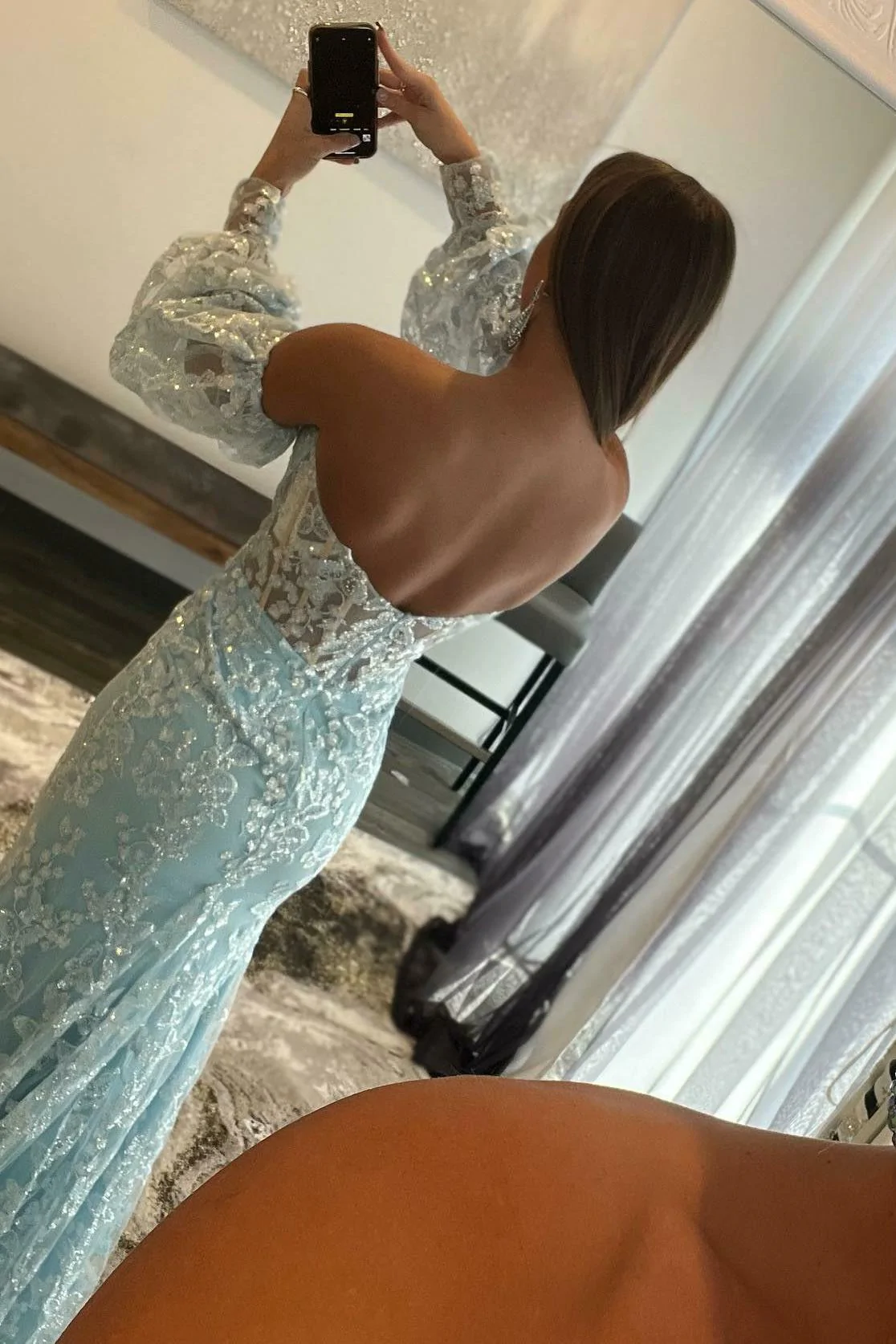 Light Blue Lace Strapless Puff Sleeve Long Prom Dress gh1806