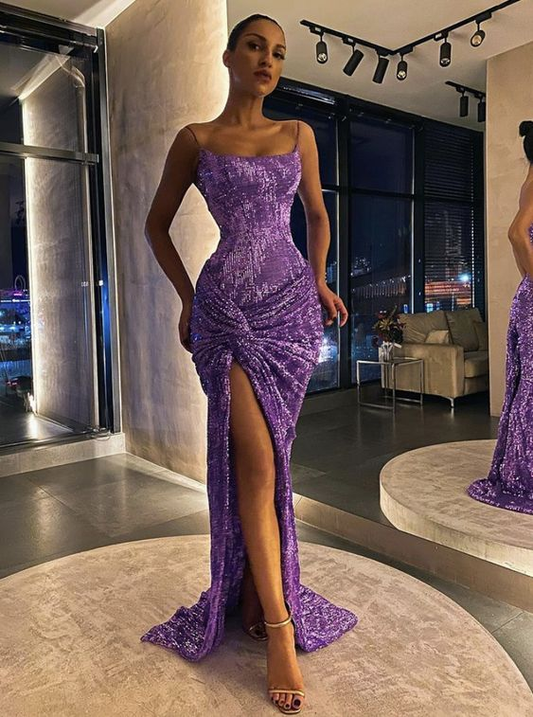 Purple shiny sequins spaghetti straps long slim high slit sexy mermaid ball gown evening dress party dress gh1895