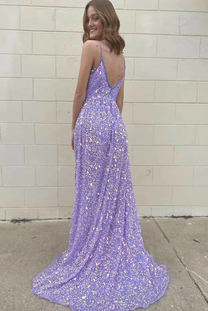 Purple glitter v-neck spaghetti straps long elegant sequin train prom evening gown party dress gh1801