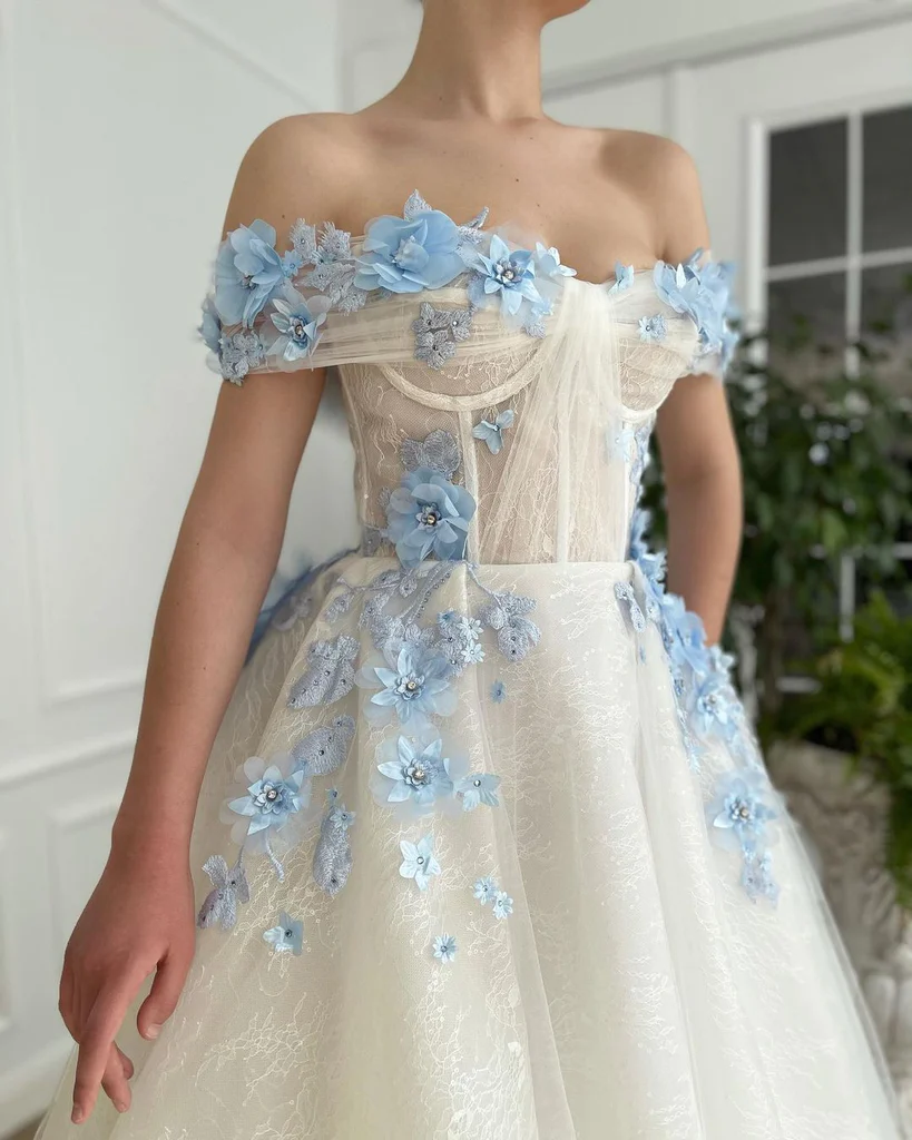 Elegant A Line Off The Shoulder Long Prom Dresses With Blue 3D Flower, Floor Length Evening Dresses gh1817