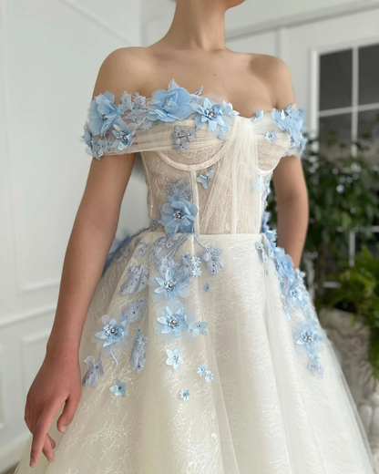 Elegant A Line Off The Shoulder Long Prom Dresses With Blue 3D Flower, Floor Length Evening Dresses gh1817