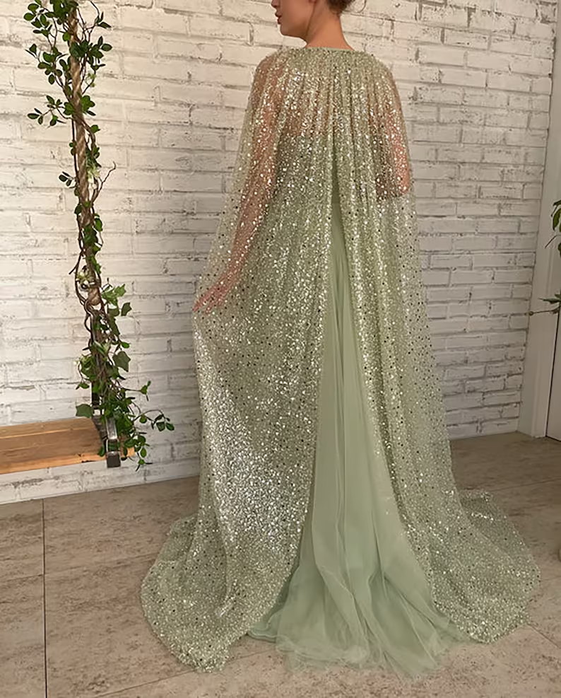 Sage Green Prom dress A line Floor-length Aurora Cape Tulle Prom Dress  gh1828