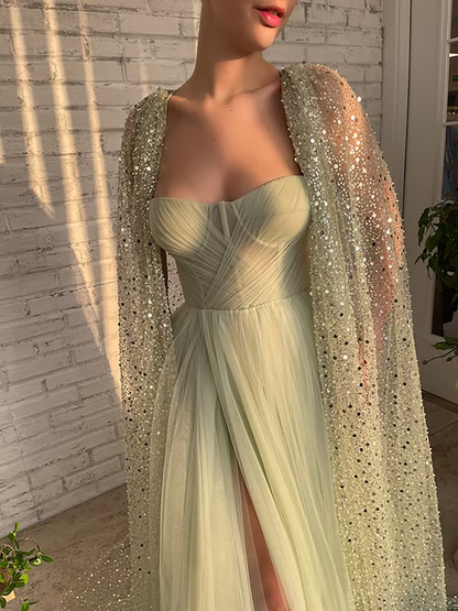 Sage Green Prom dress A line Floor-length Aurora Cape Tulle Prom Dress  gh1828