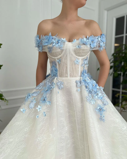 Elegant A Line Off The Shoulder Long Prom Dresses With Blue 3D Flower, Floor Length Evening Dresses gh1817