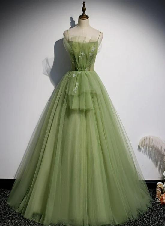 Lovely Green Tulle Prom Dress, Long Green Evening Party Dresses Sweet 16 Dresses gh2575